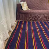 Romanian rug handwoven in wool, purple background with red and yellow stripes 183x133cm