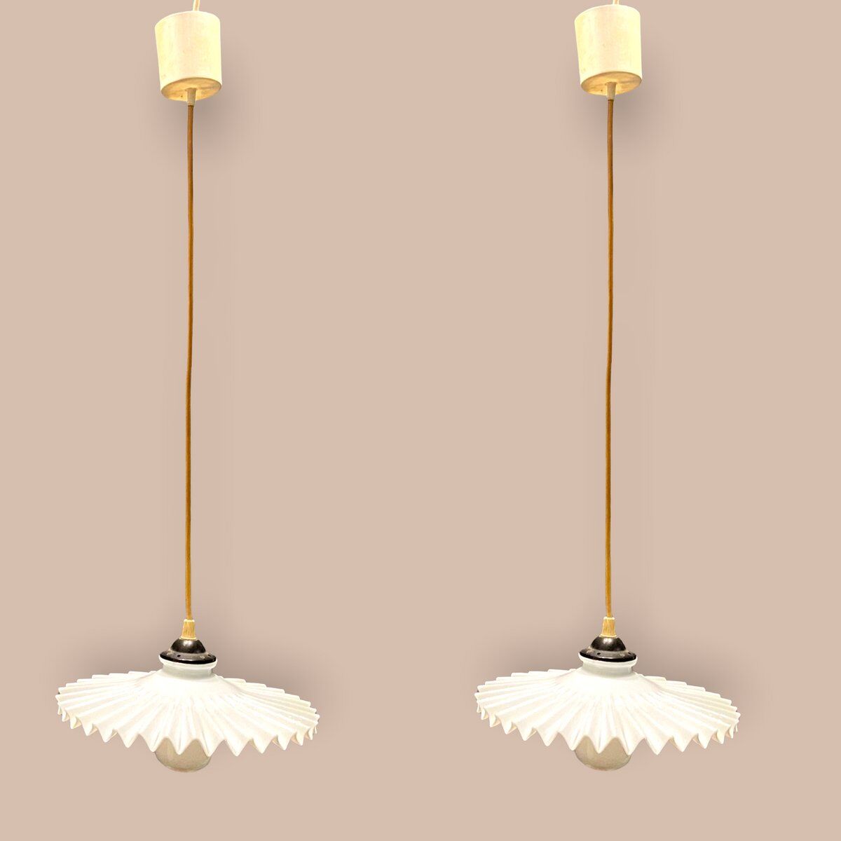 Opaline pleated glass light pendants, set of 2