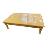 Living room coffee table in rectangular lacquer wood in straw yellow color turned legs
