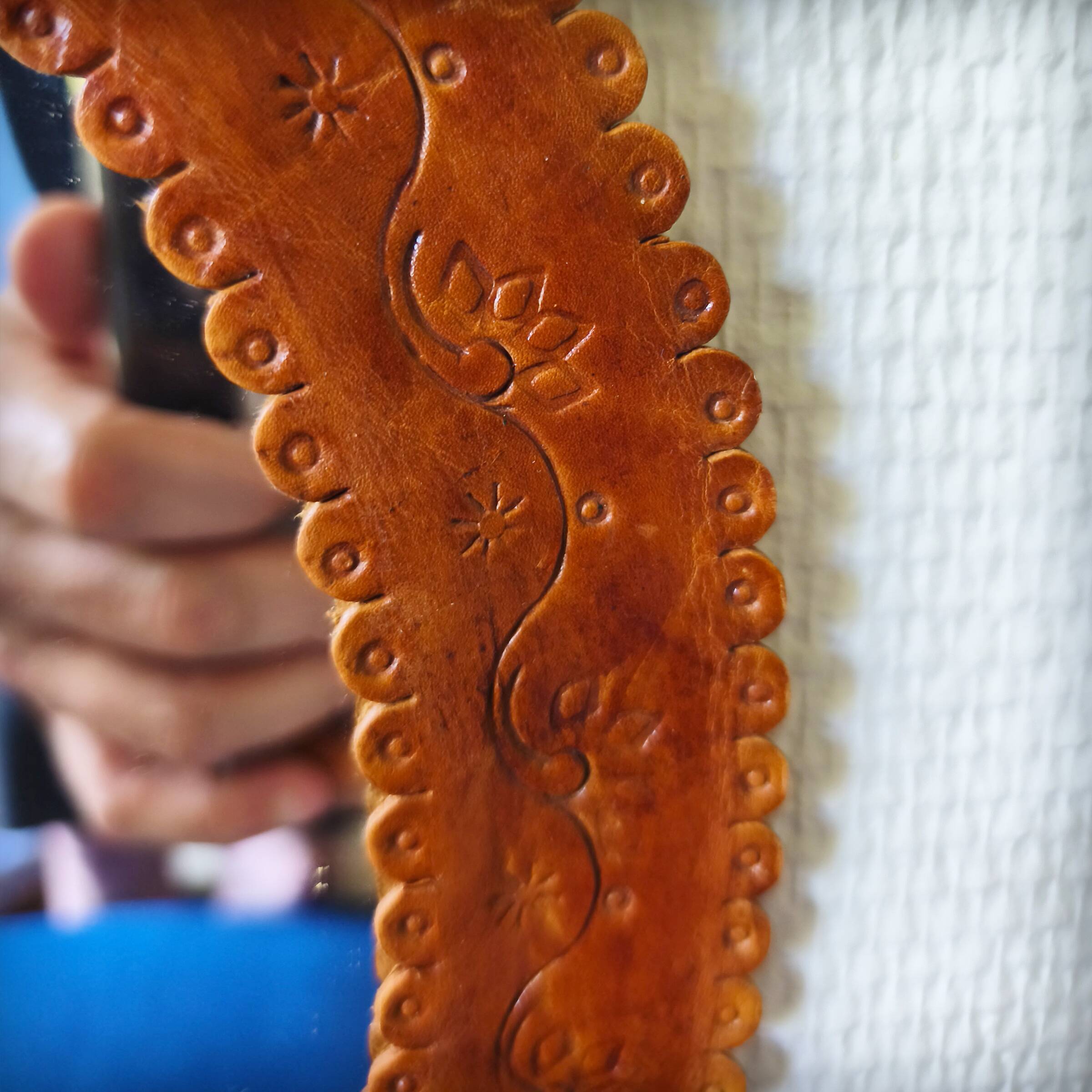 Leather repoussé mirror, Sri Lanka, 1960s