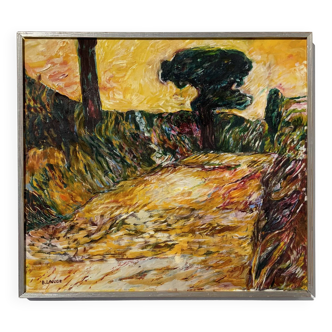 Peinture à l'huile originale jaune de paysage italien vintage sur toile par Berit Lange