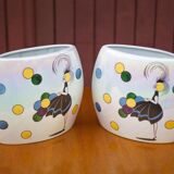 Pair of flat iridescent ceramic vase with girl motif with polychrome balloons, art deco vase, decoration