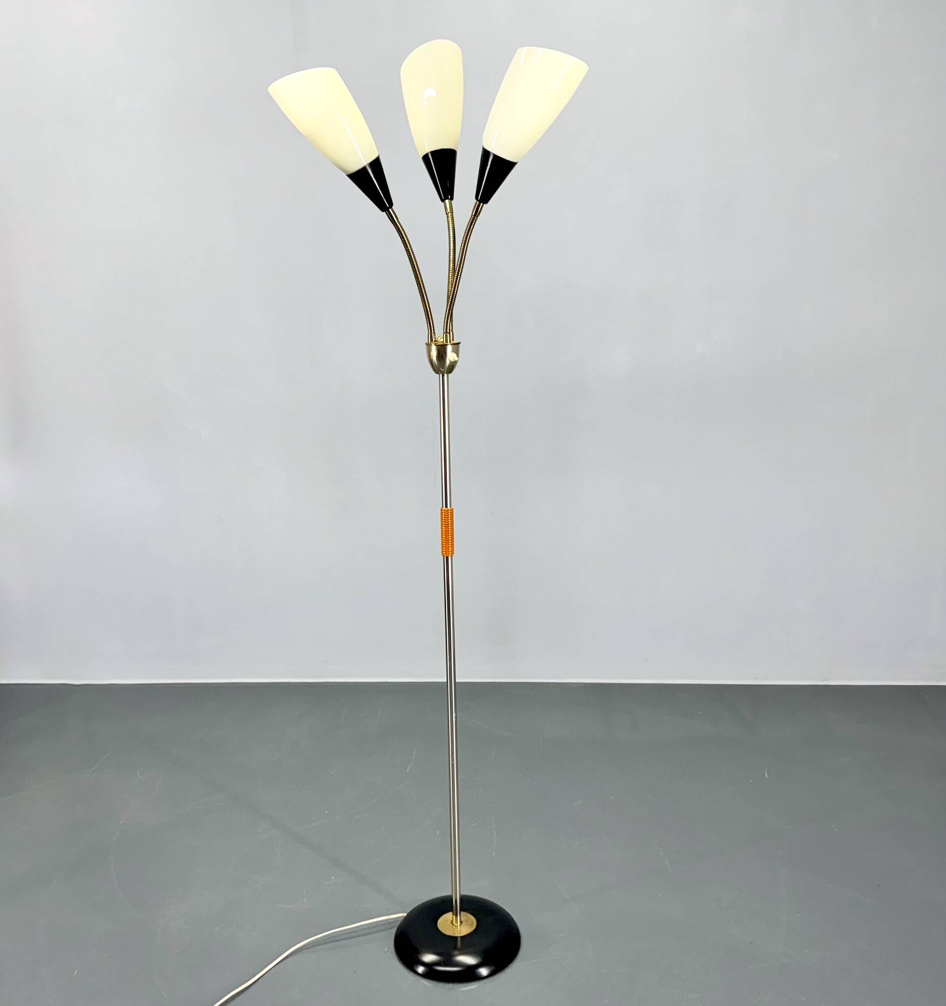 1950s Brass & Glass Adjustable Floor Lamp with Wooden Detail