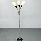 1950s Brass & Glass Adjustable Floor Lamp with Wooden Detail