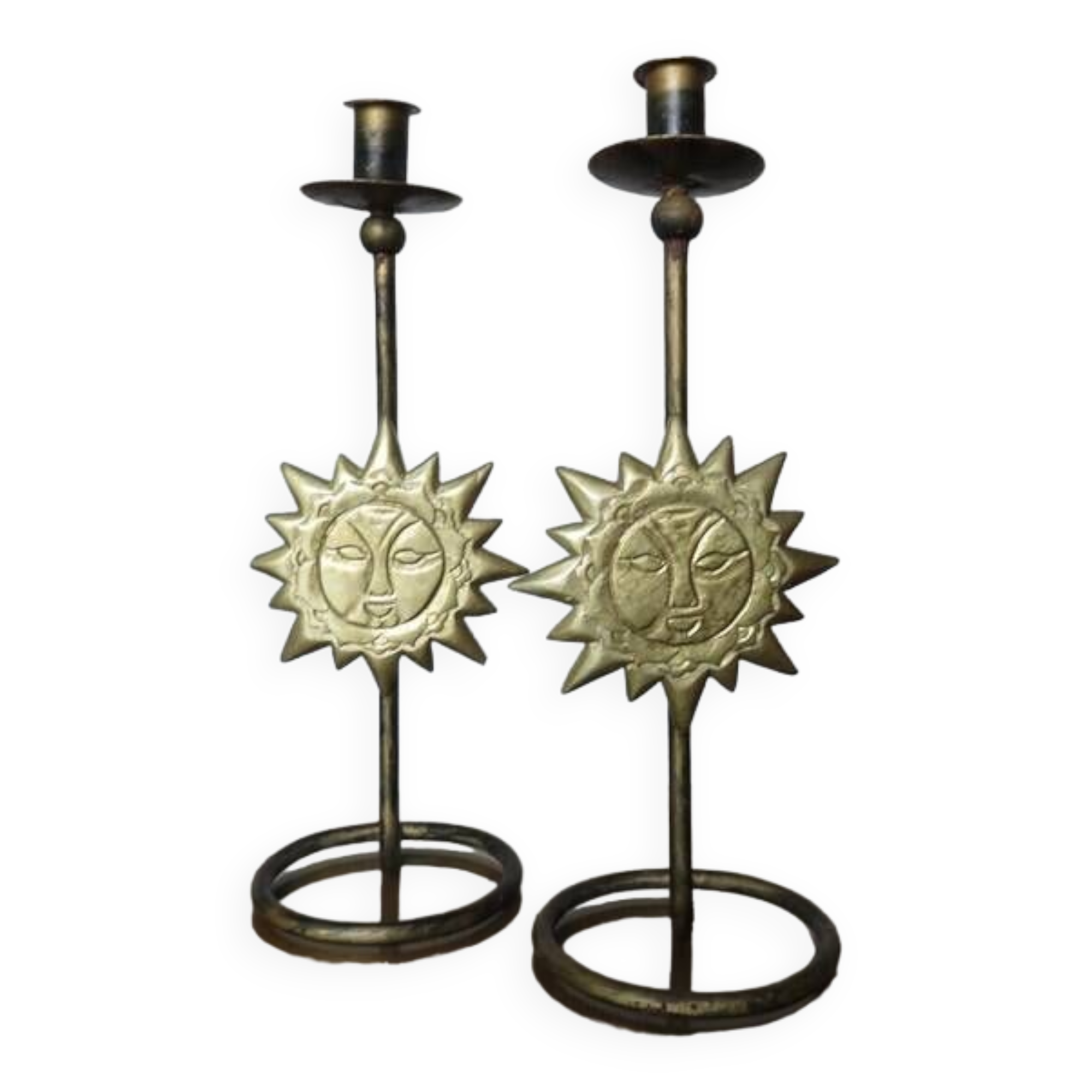 Pair of "sun" candlesticks in metal and wood from the 80s