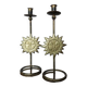 Pair of "sun" candlesticks in metal and wood from the 80s
