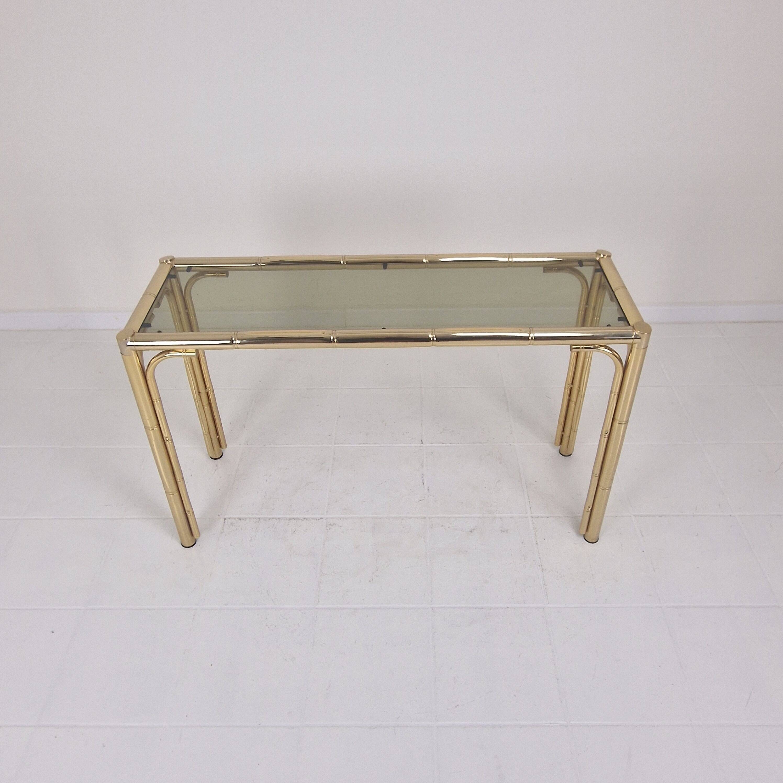 Italian Rectangle Side Table in Brass Bamboo and Smoked Glass, 1970s