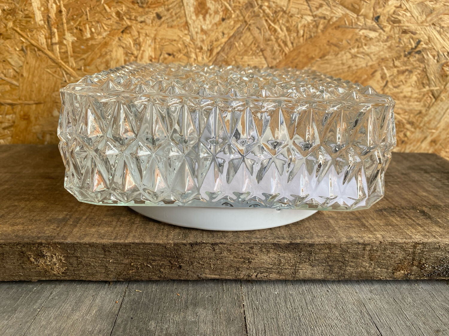 Square Ceiling Light Fixture, Vintage Moulded Glass + White Metal Support #