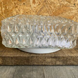 Square Ceiling Light Fixture, Vintage Moulded Glass + White Metal Support #