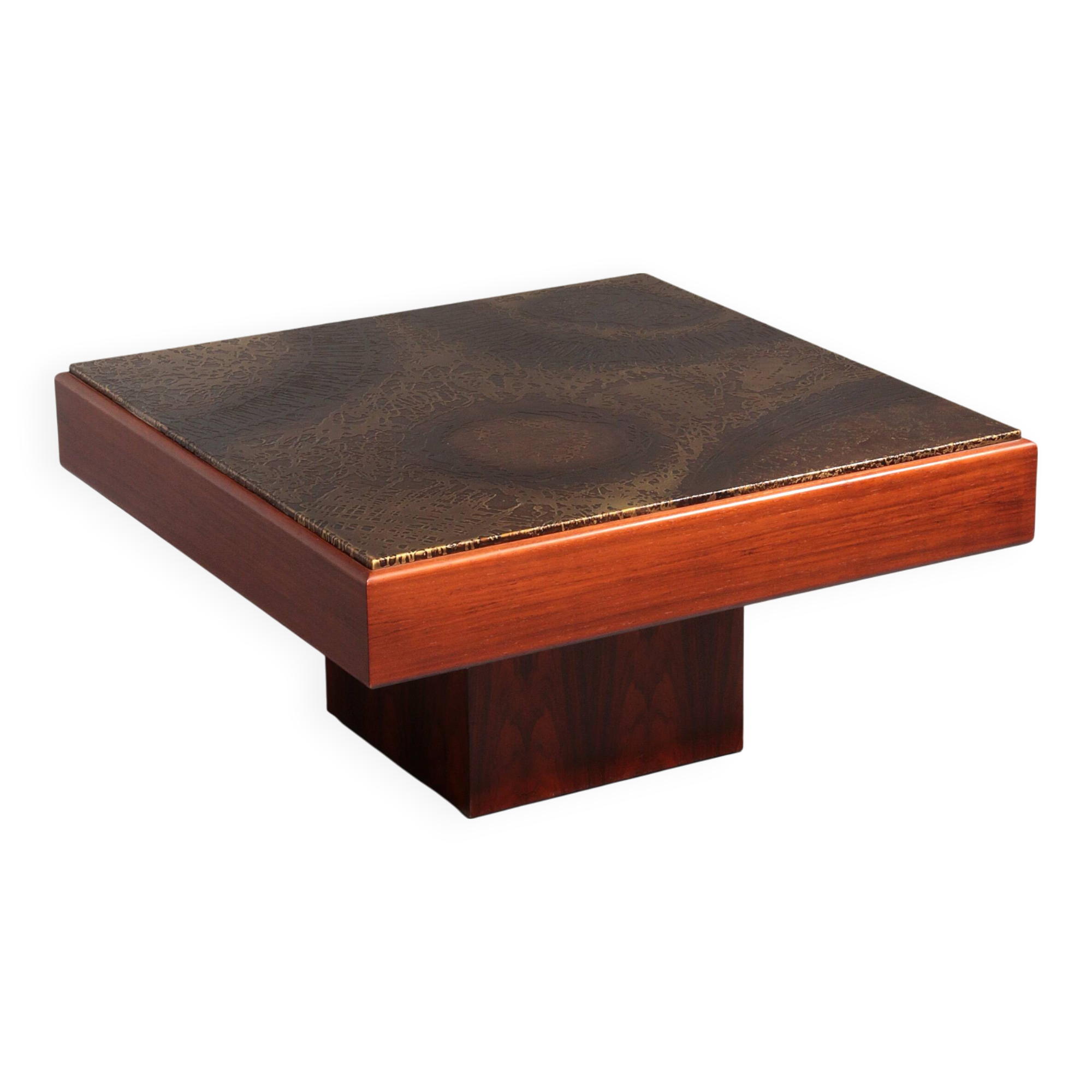 Brutalist Coffee Table with Copper Top and Wooden Base 1970