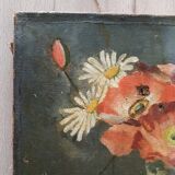 Peinture ancienne "coquelicots et marguerites"