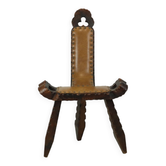 Authentic Spanish Brutalist Chair Tripod Tripod Wood Skai 76cm