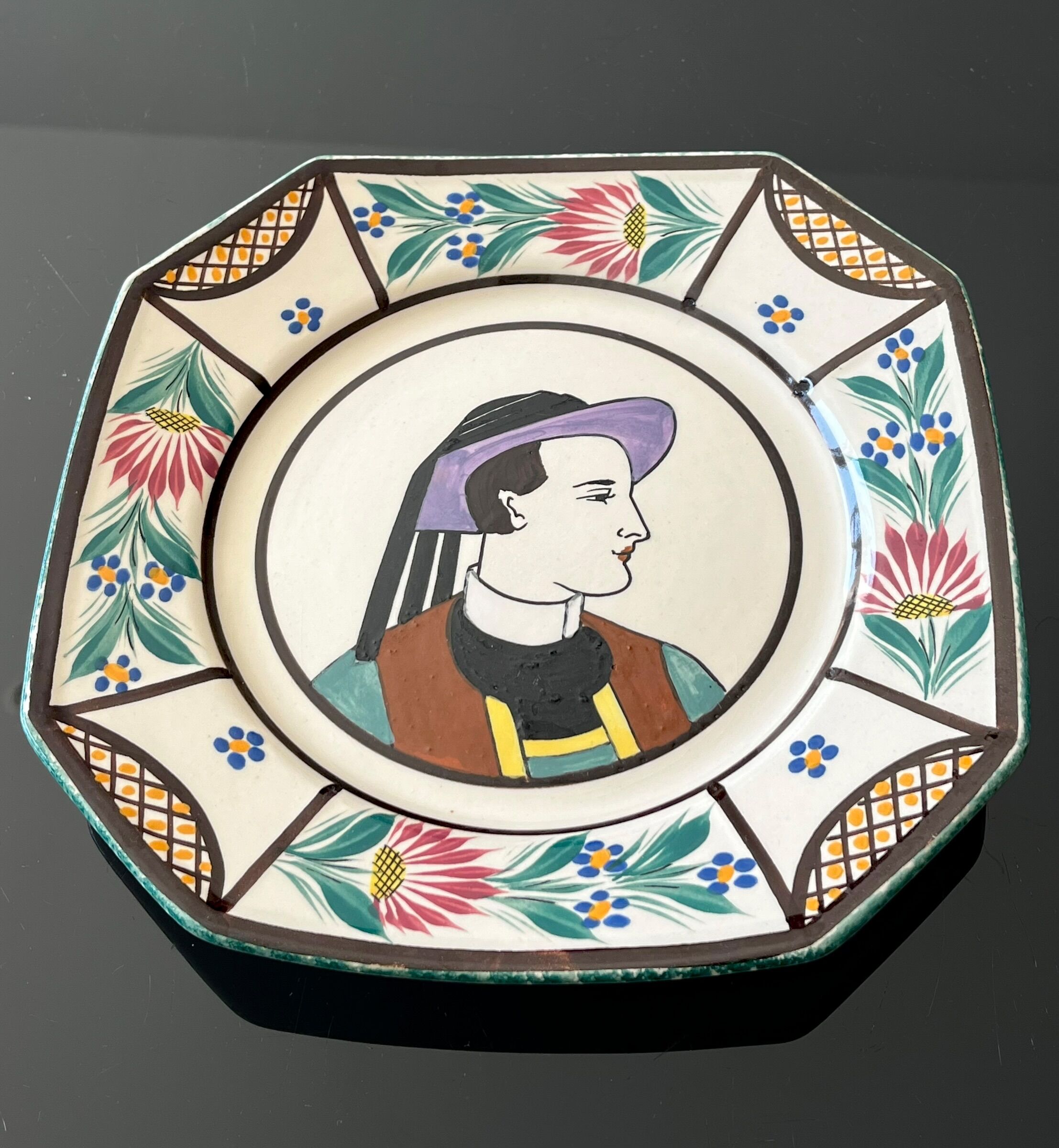 Octagonal plate from Quimper pottery - HB Henriot - Breton character