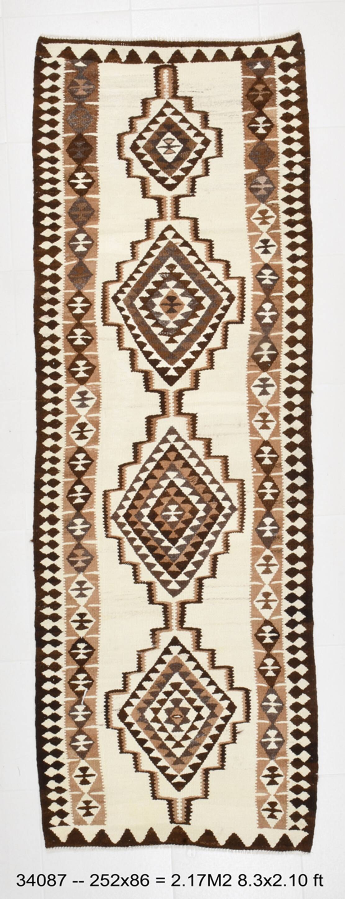 Tapis Kilim marron et crème 3x8, 86x252 cm