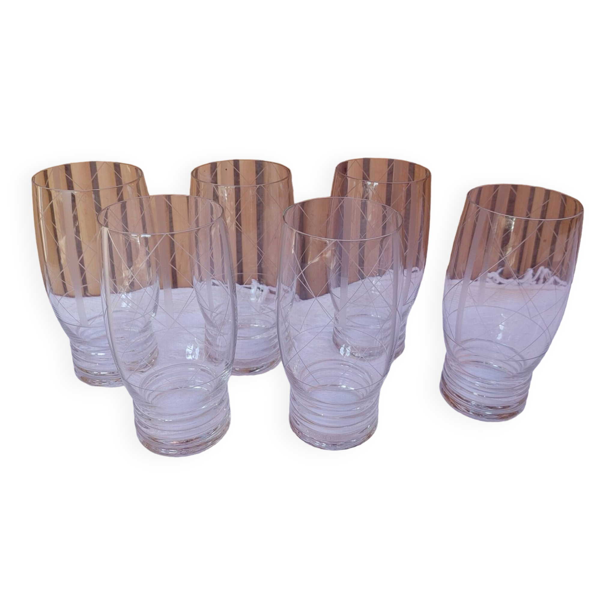 6 large old orangeade glasses - engraved crystal base, typical of the 1930s