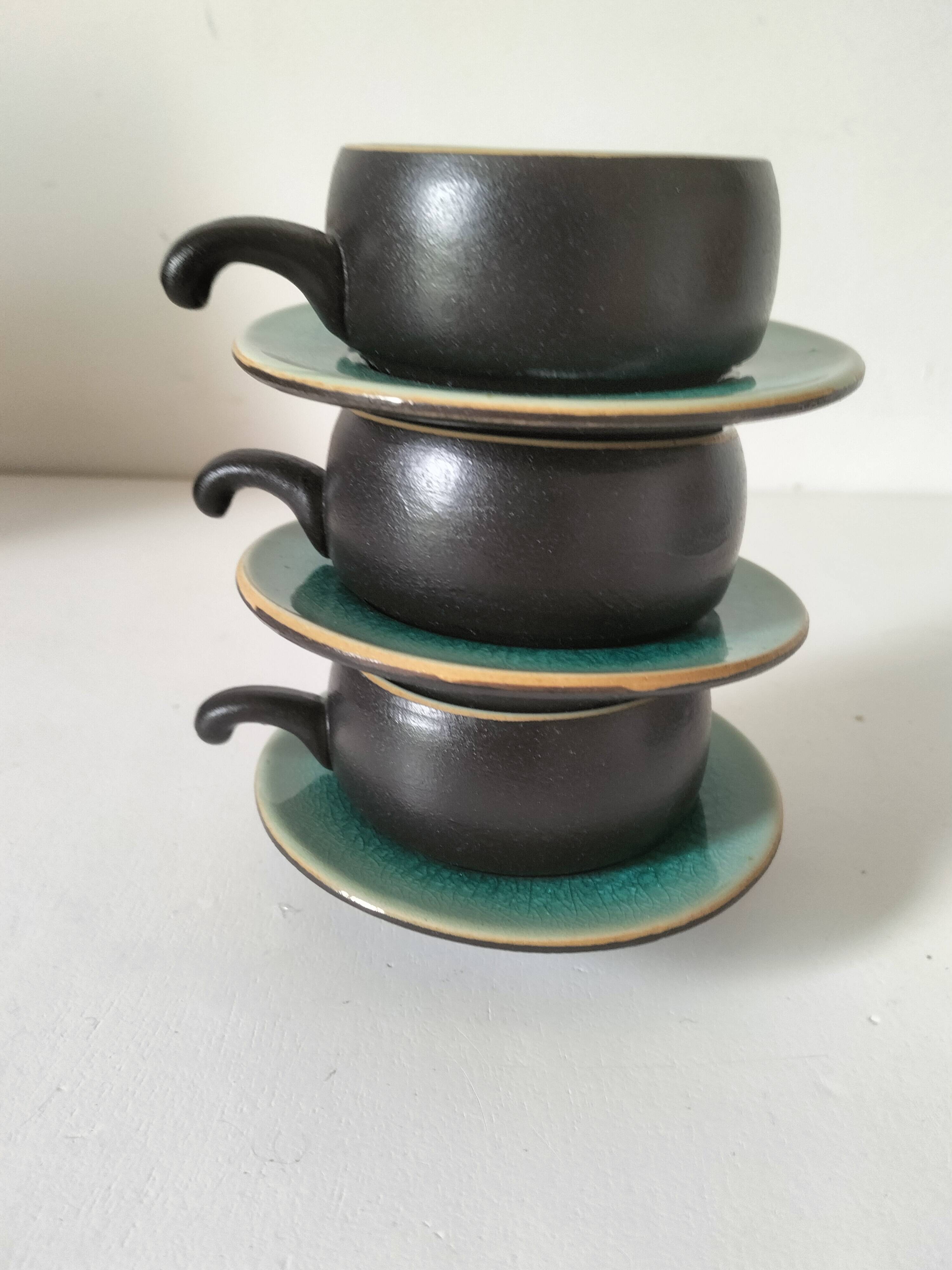 Set of three ceramic cups and saucers – crackled turquoise glaze