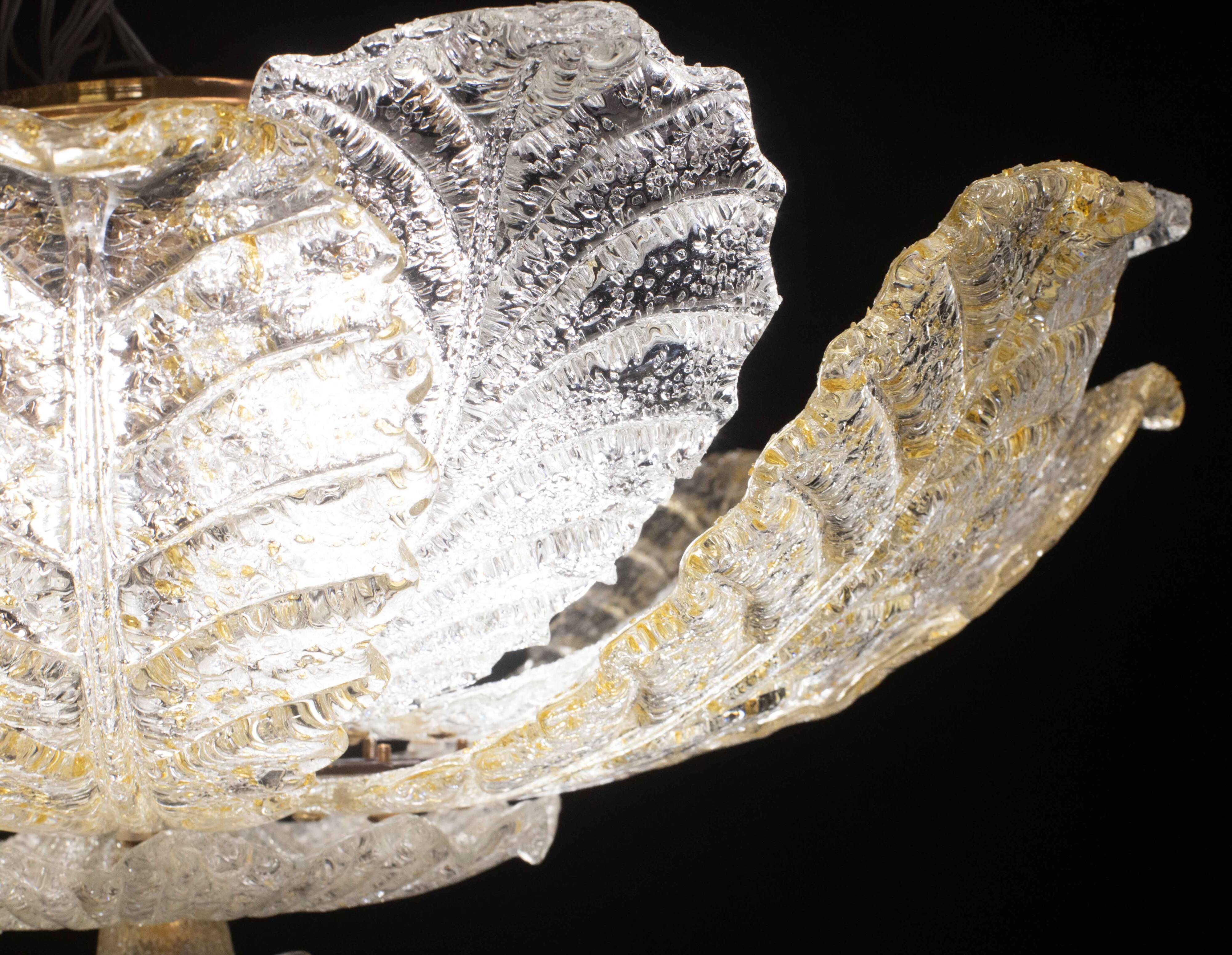 Murano Glass Gold and Transparent Leaves Chandelier or Flush Mount, 1970s