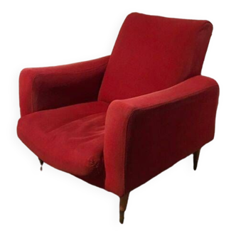 Fauteuil vintage années 60/70 en velours ras rouge