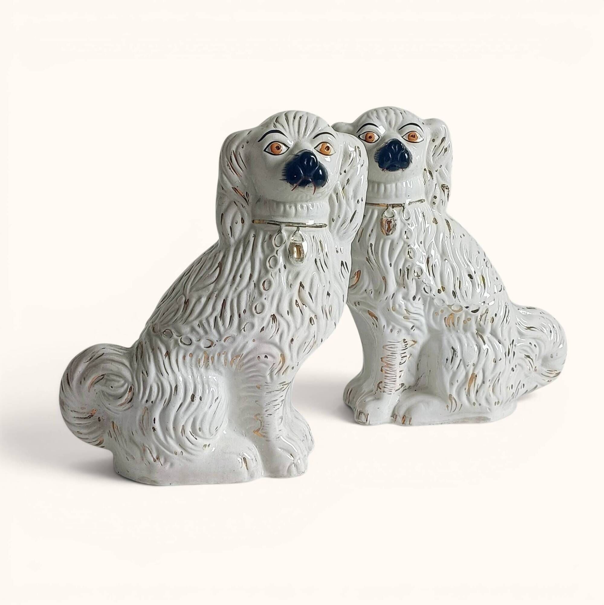 Pair of King Charles Spaniel dogs in Staffordshire majolica style.