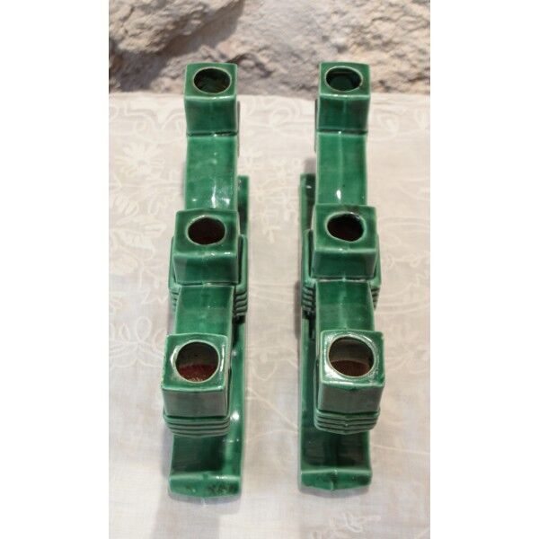 Pair of three-light candlesticks in green ceramic from around 1950-1960.