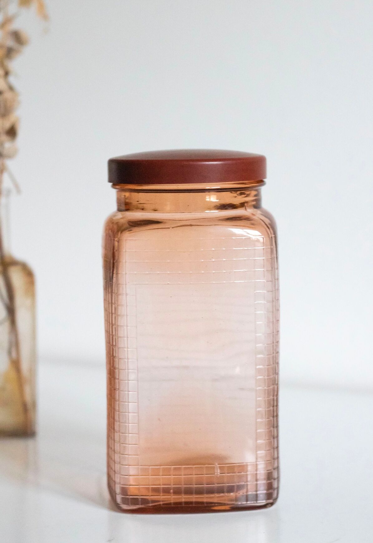 Vintage pink glass grocery jar