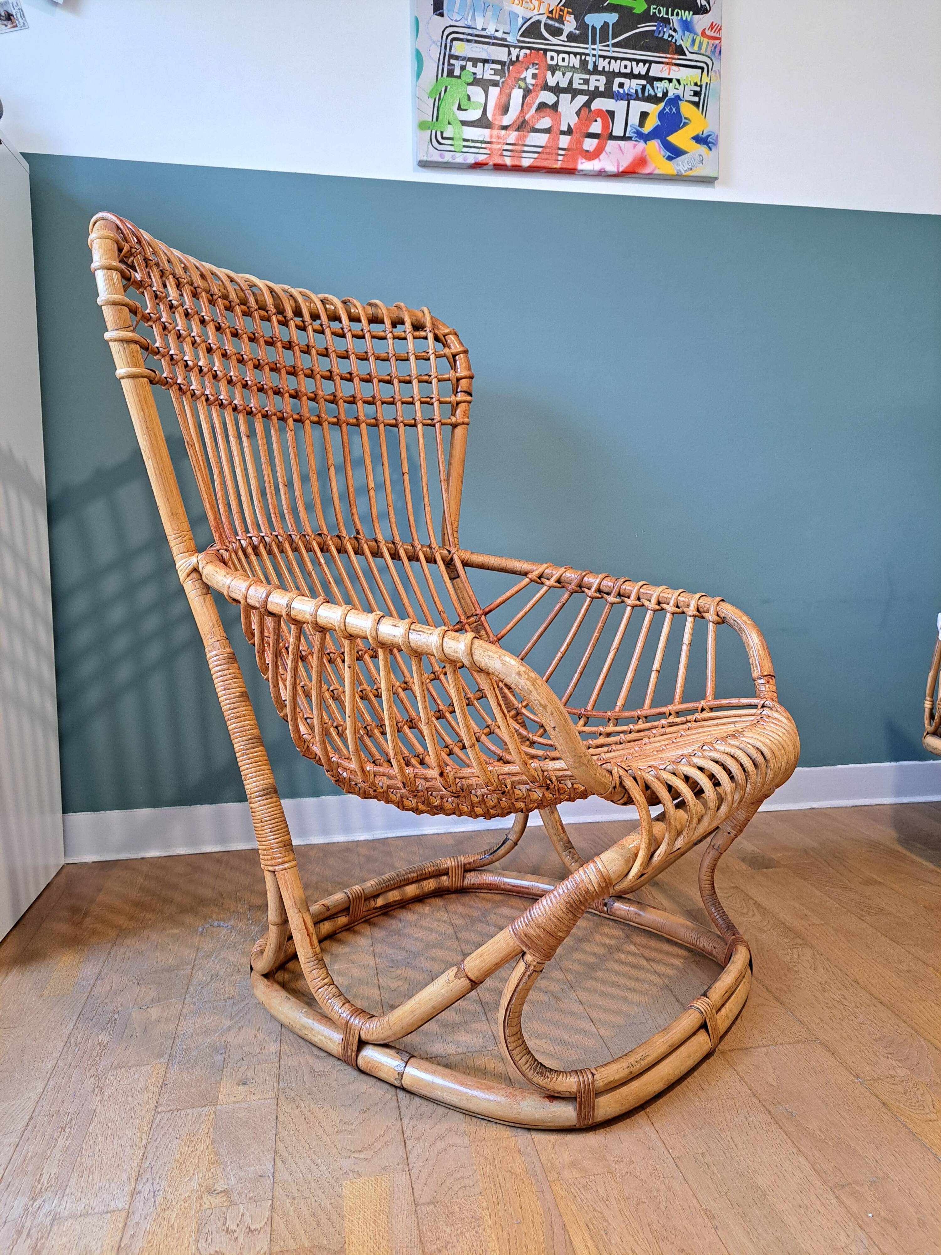 Rattan armchair by Tito Agnoli