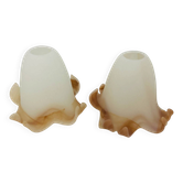 Pair of vintage opaline tulip lampshades with caramel marbled frill edge.