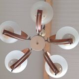 Scandinavian suspension in teak, glass, and metal.