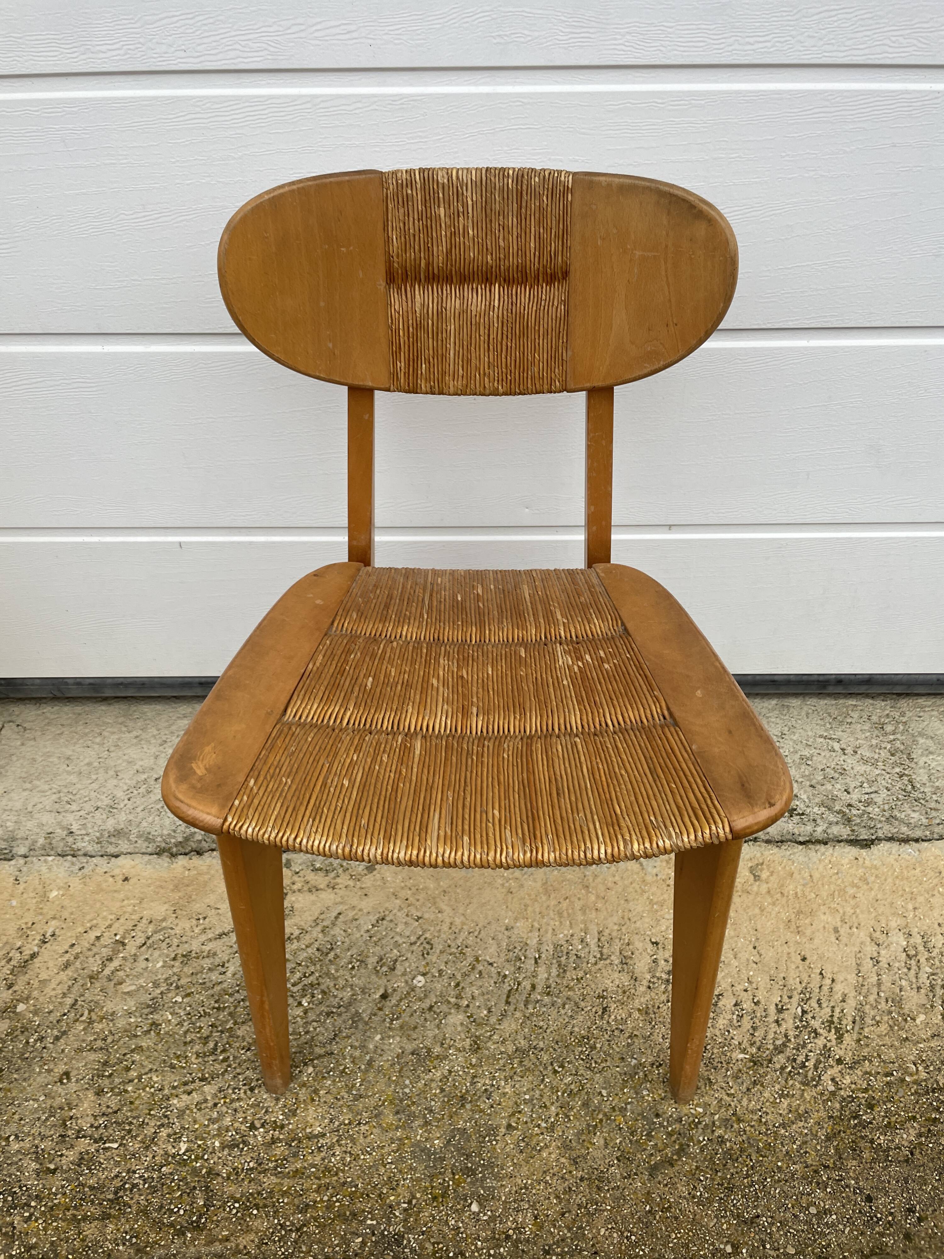 Série de 4 chaises paillées 1950 Roger landault  éditeur robert sentou