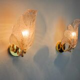 Pair of frosted leaf sconces, Murano glass, Italy, 1970