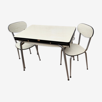 Ensemble table et paire de chaise en formica vintage blanche