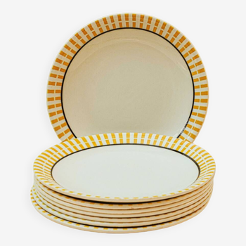 French Country Style Hand Painted Breakfast Plates with Yellow Stripes, Set of 8
