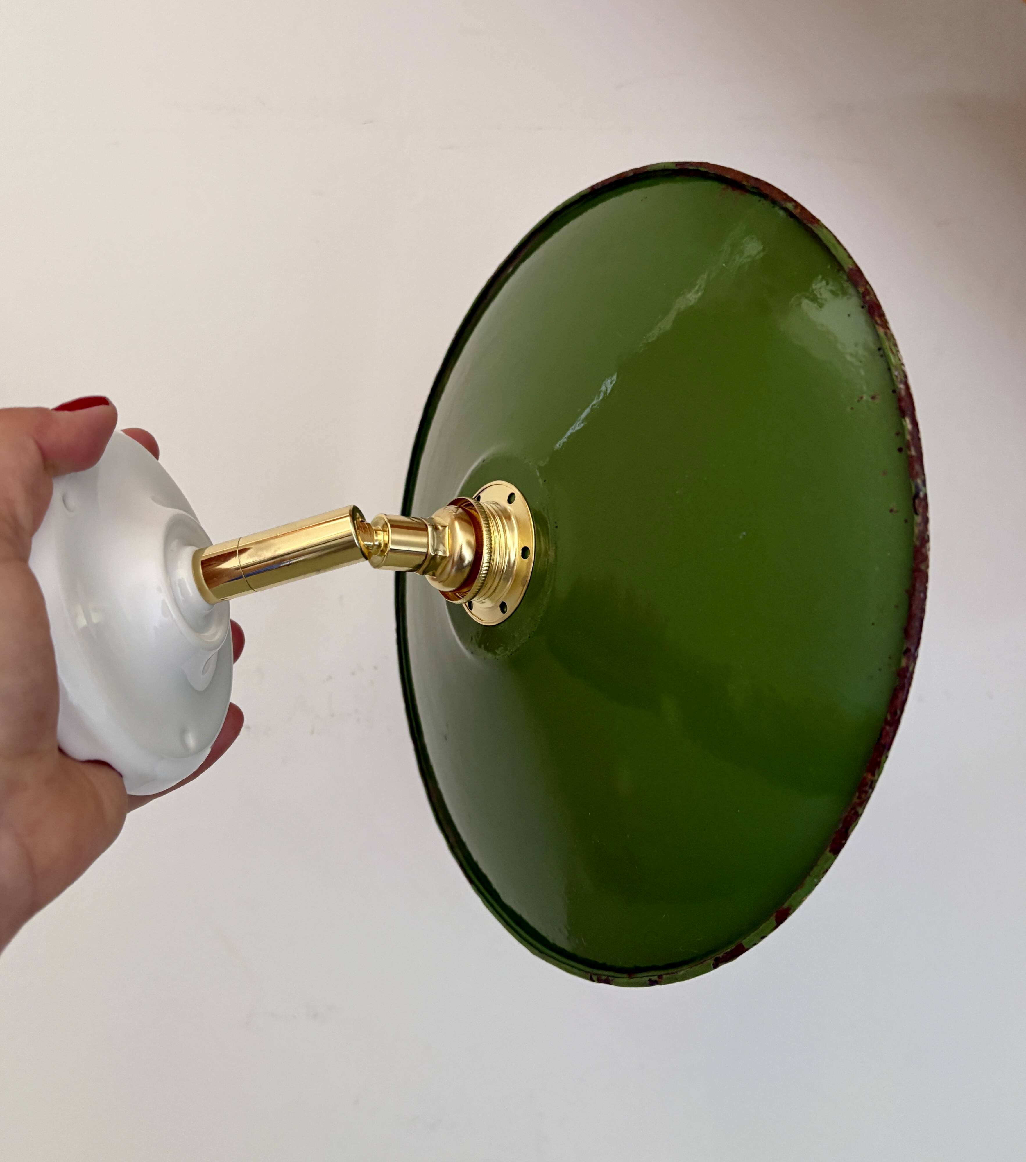 Vintage wall lamp with green and white enamelled sheet metal shade