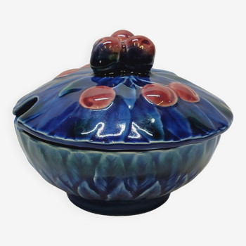 Sarreguemines jam bowl covered sugar in slip majolica cherries