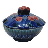 Sarreguemines jam bowl covered sugar in slip majolica cherries