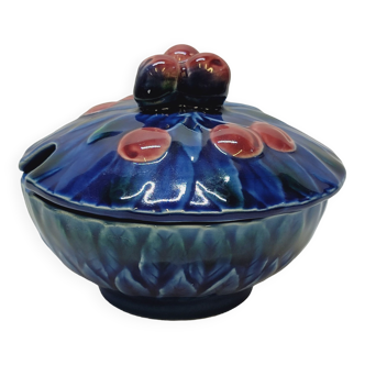 Sarreguemines jam bowl covered sugar in slip majolica cherries