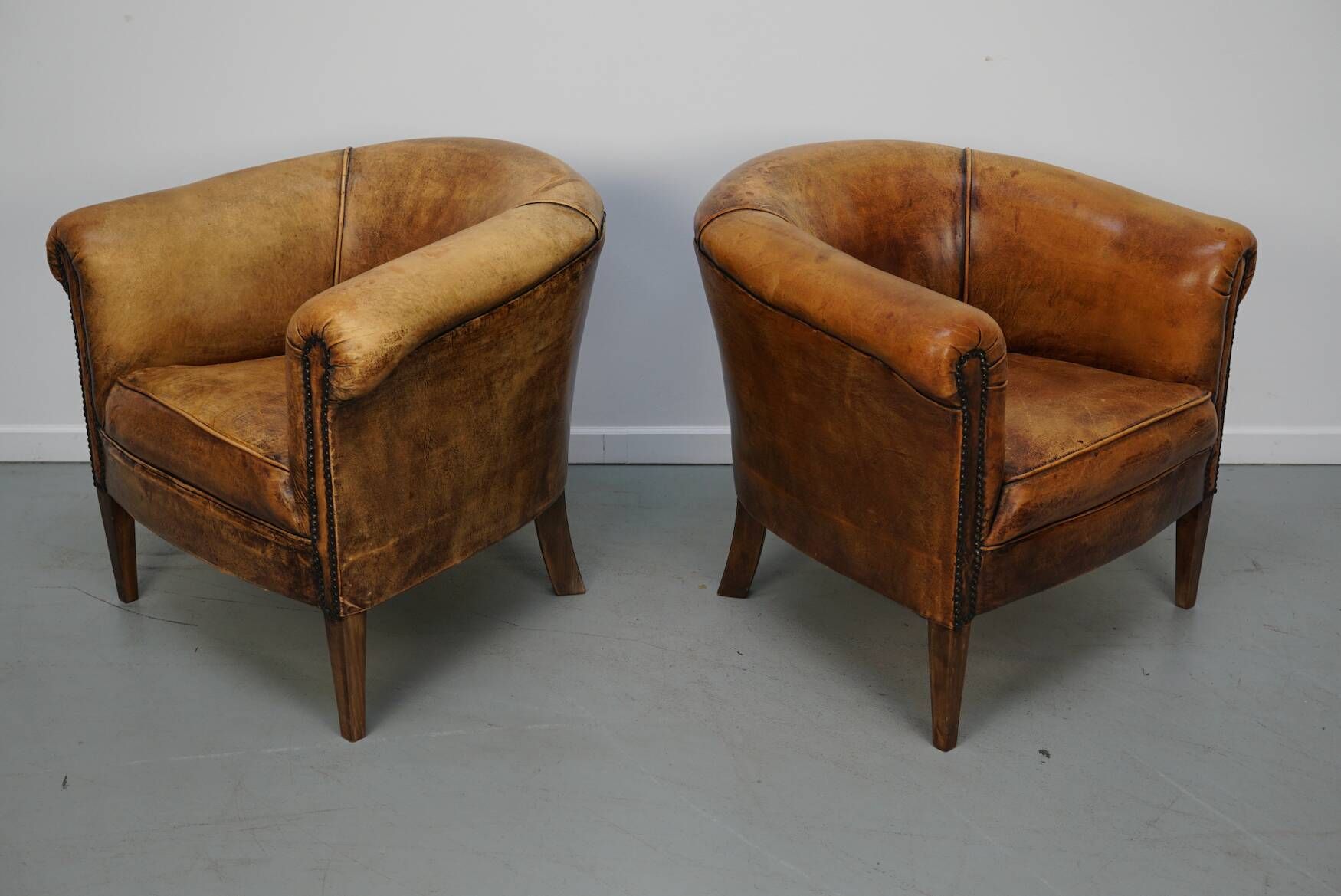 Vintage Dutch Cognac Leather Club Chairs, Set of 2