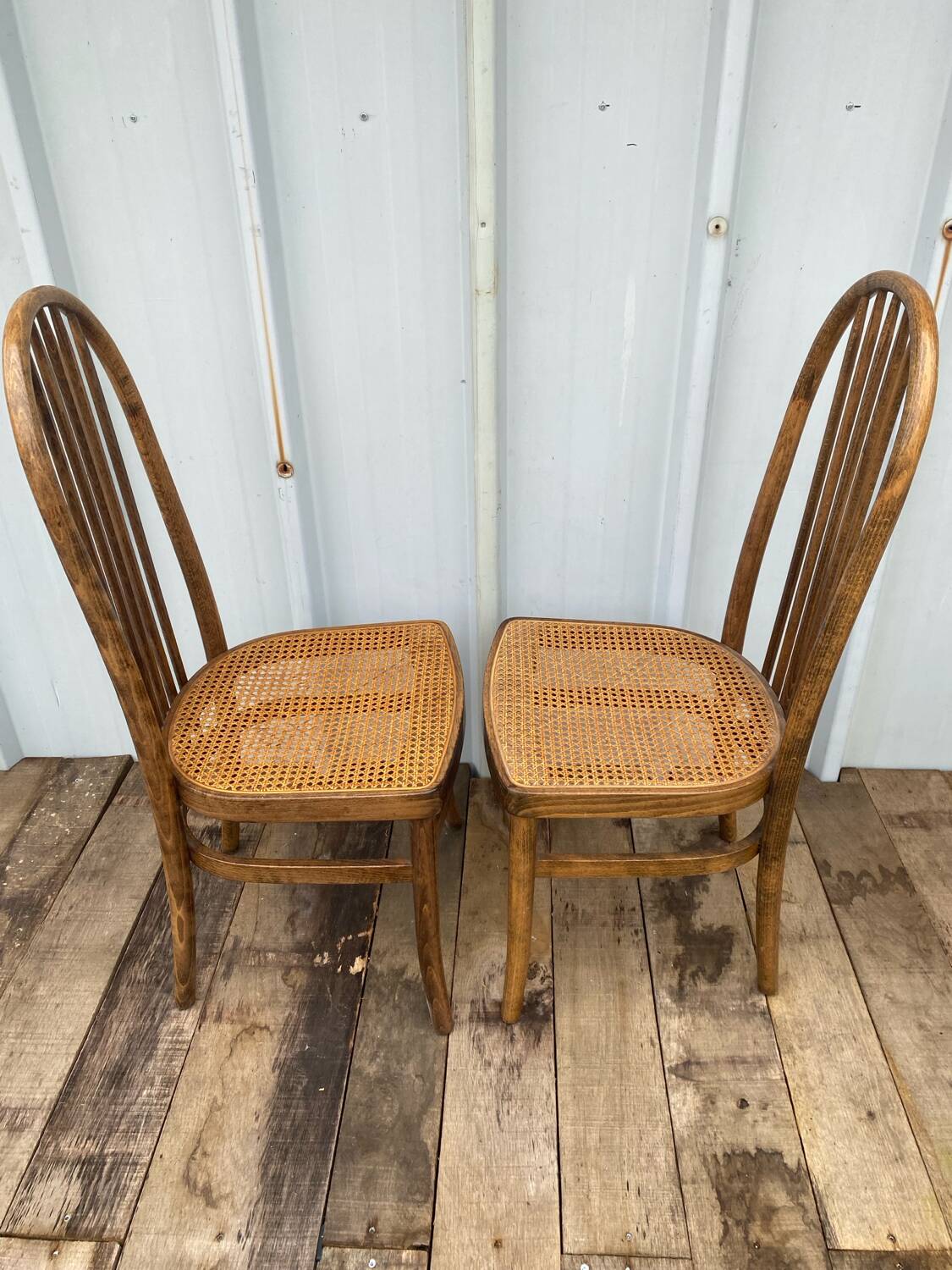 Paire chaise ancienne Baumann modèle eden bois + assise cannée vintage
