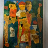 Oil on canvas by Jean Billecocq modern composition with characters