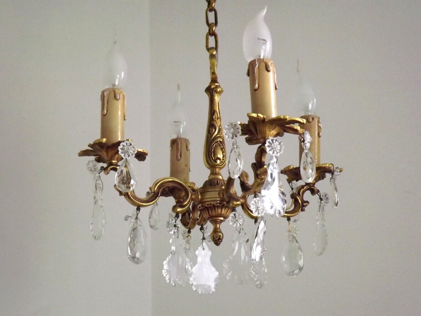 Vintage french brass 4 light chandelier assorted faceted crystal 4007