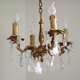 Vintage french brass 4 light chandelier assorted faceted crystal 4007