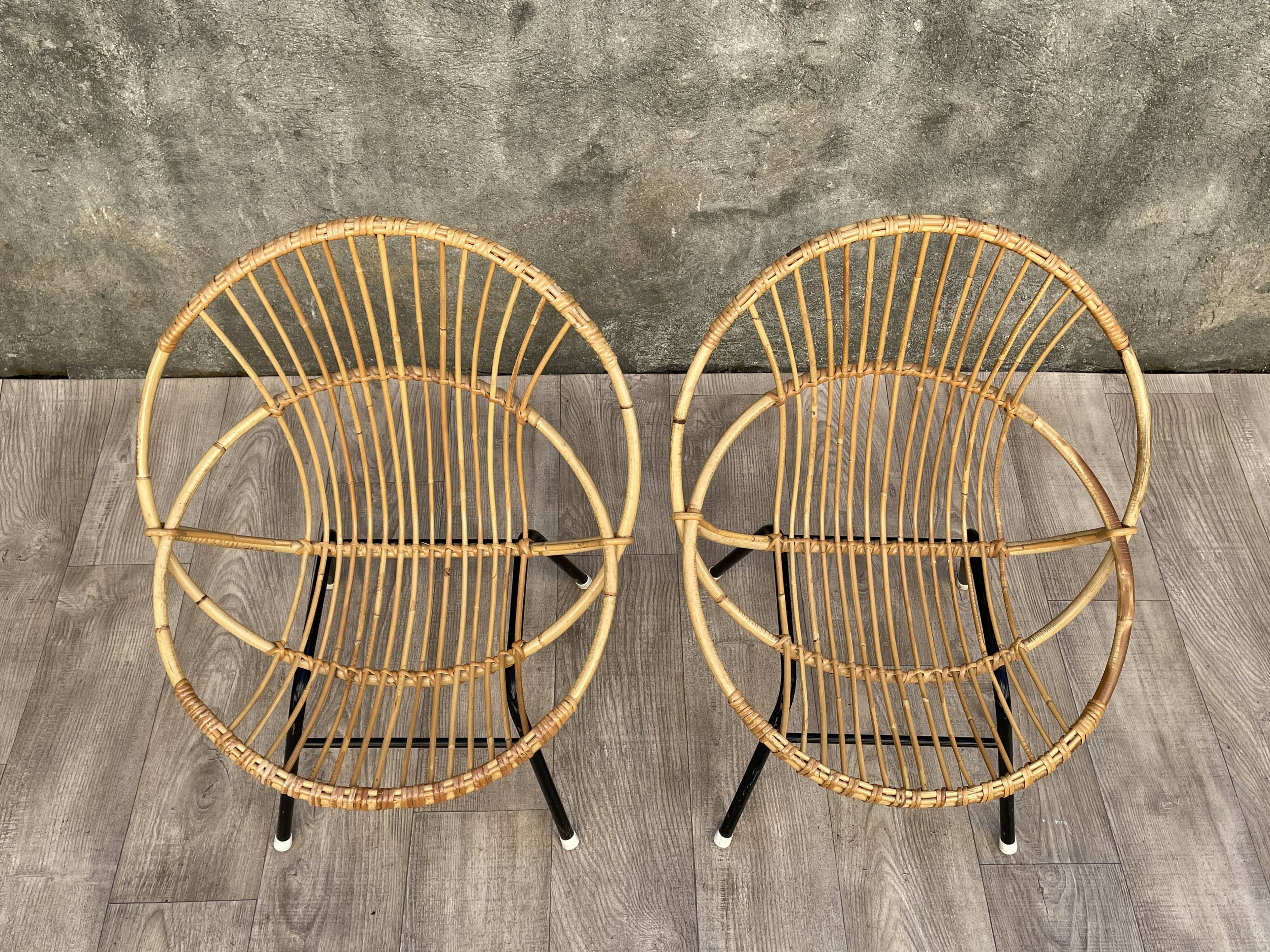 Pair of rattan and metal shell chairs, 1960