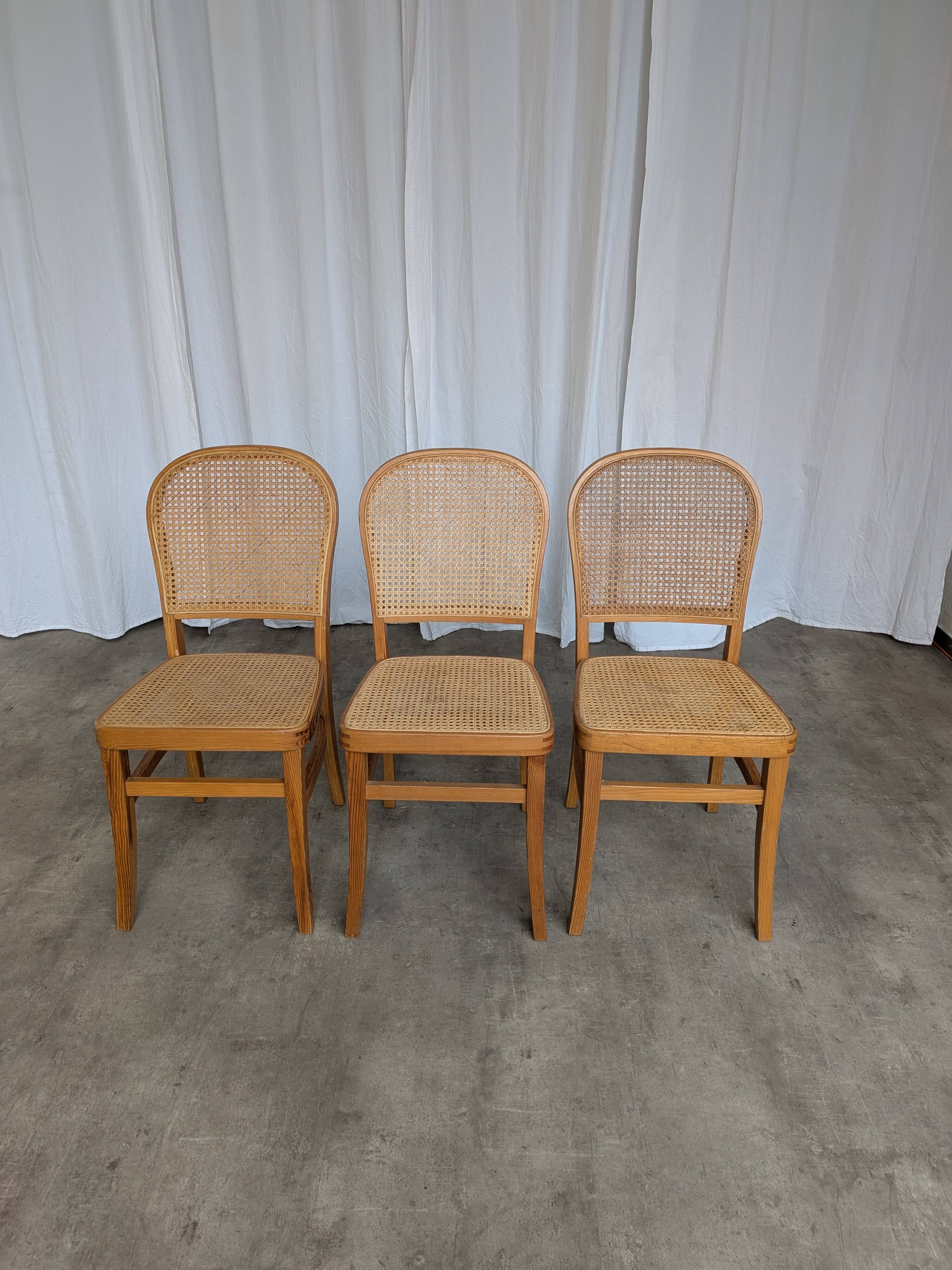 Set of 3 Vintage Wooden Dining Chairs with Cane Seat - Mid-Century Yugoslav