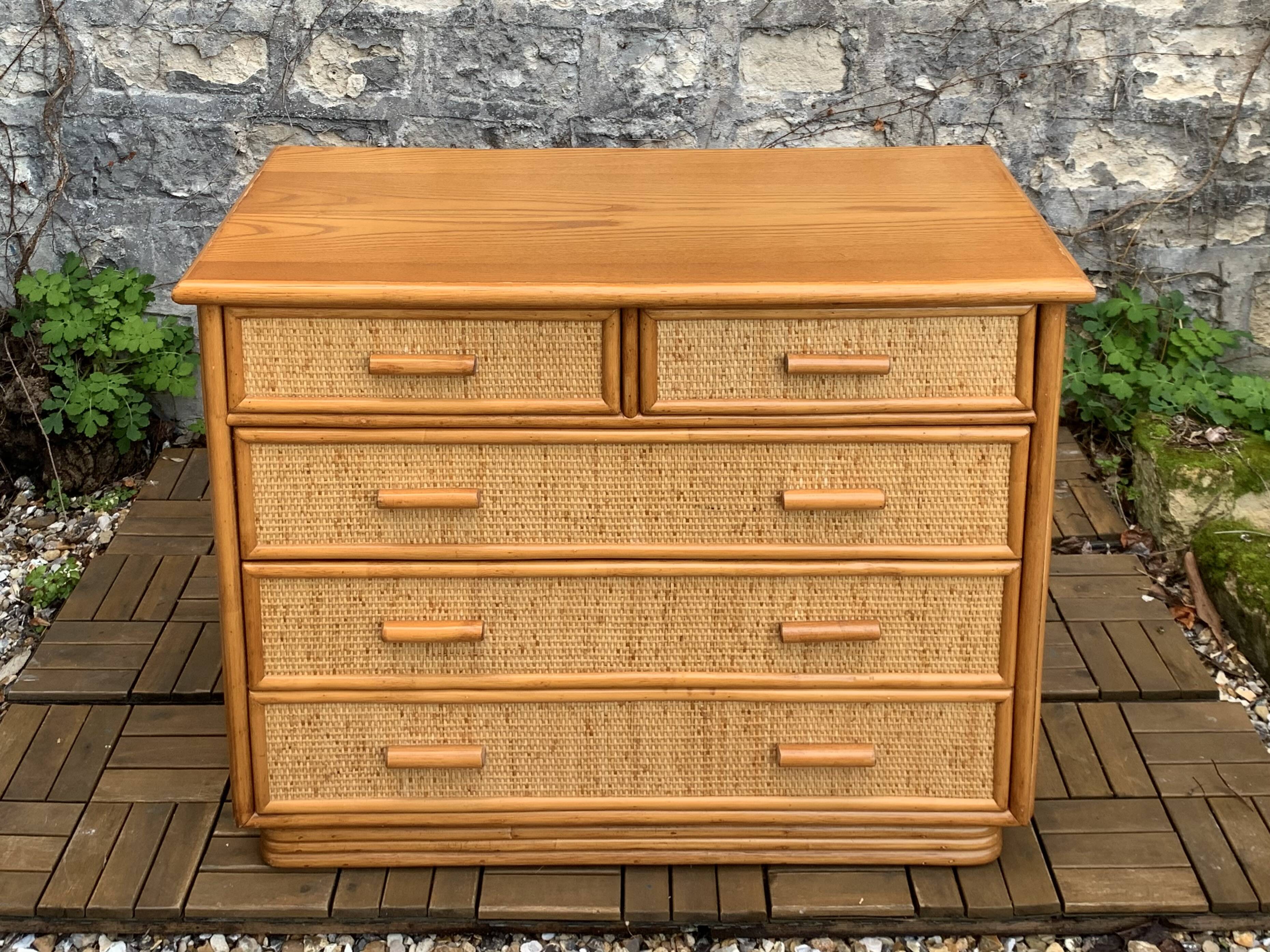 Vintage rattan and woven wicker chest of drawers 1970