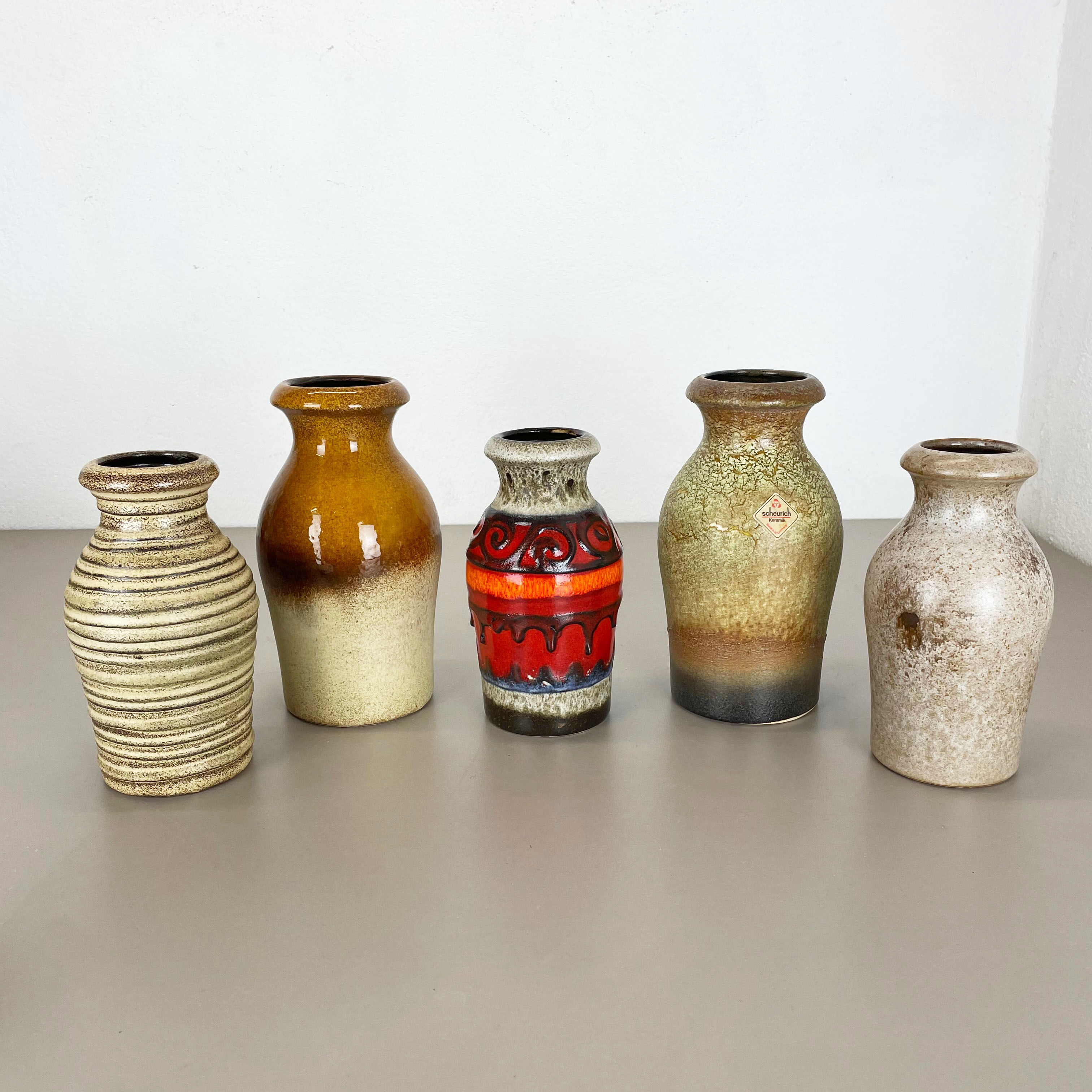 Set of five vintage pottery fat lava vases made by scheurich, germany, 1970s