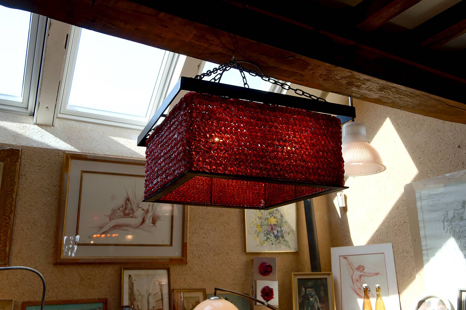 Important Red Glass Bead Chandelier, Murano, Brutalism, c. 1970
