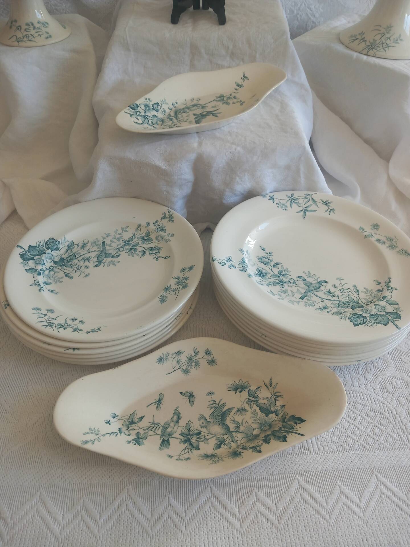 Antique 19th Century French Longwy Mignon Ironstone Dinner Service – Blue Green