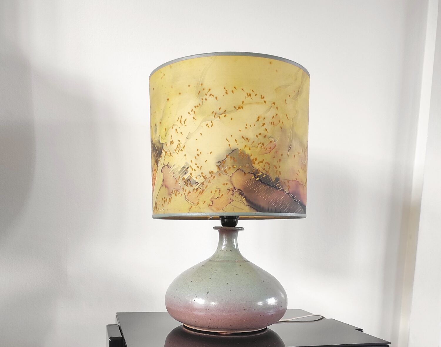 Vintage ceramic lamp signed & hand-painted silk shade 70s
