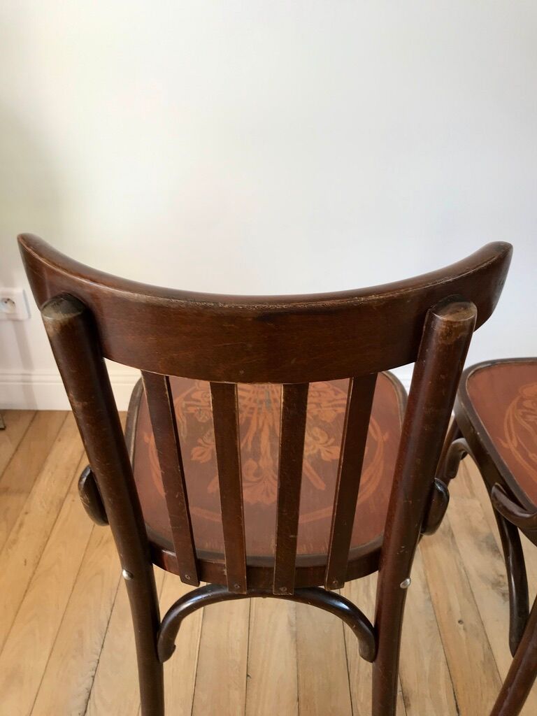 Pair of baumann bistro chairs in bent wood with early twentieth century design