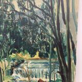 Oil on canvas waterfall in forest